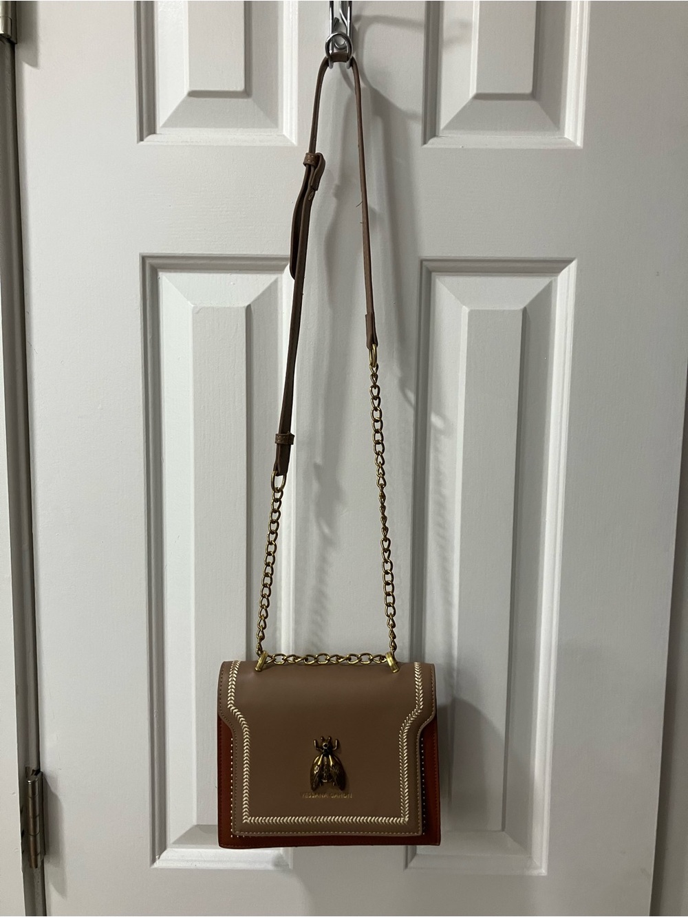 Two-Tone Taupe and Brown Leather Crossbody with Gold Chain
